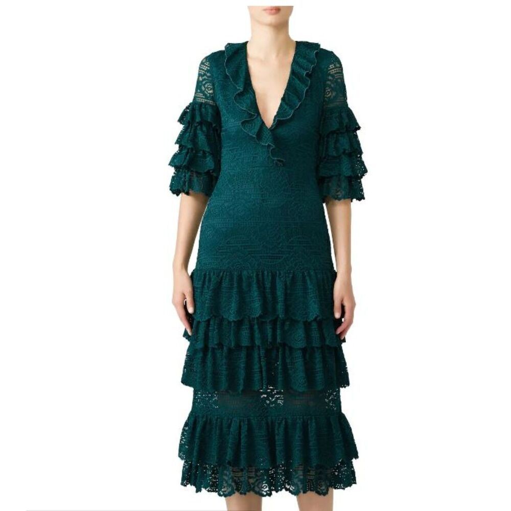 Saylor Emerald Lace Millie Midi Dress Tiered‎ Lace Zipper Back Lined Size XS